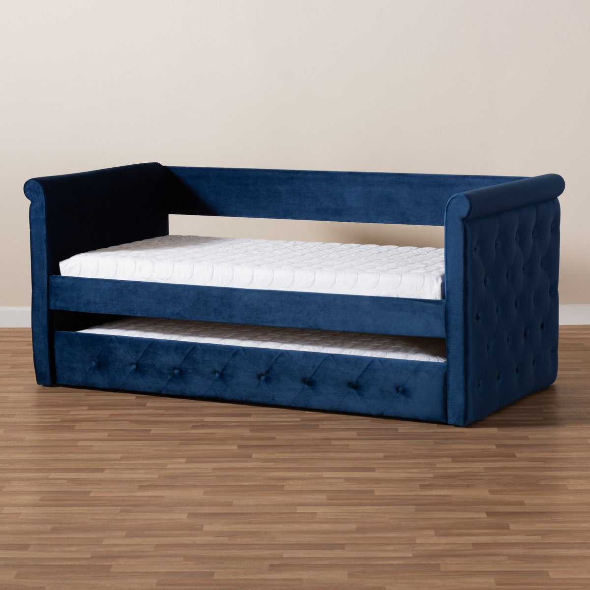 Baxton Studio Amaya Modern and Contemporary Navy Blue Velvet Fabric Upholstered Twin Size Daybed with Trundle