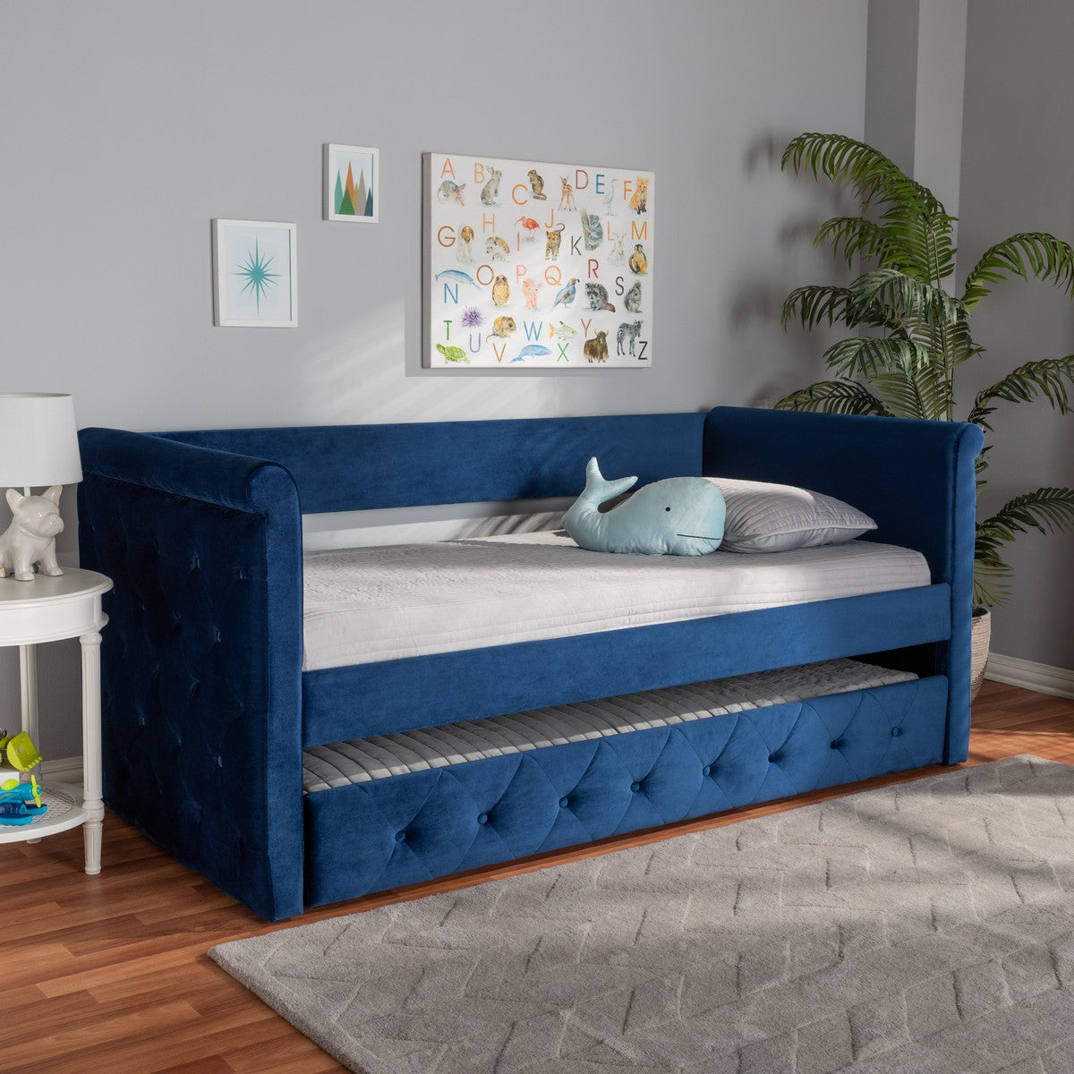 Baxton Studio Amaya Modern and Contemporary Navy Blue Velvet Fabric Upholstered Twin Size Daybed with Trundle