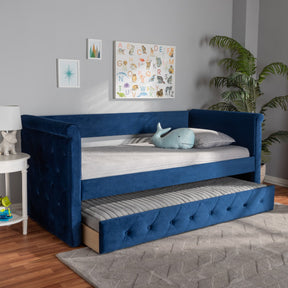 Baxton Studio Amaya Modern and Contemporary Navy Blue Velvet Fabric Upholstered Twin Size Daybed with Trundle