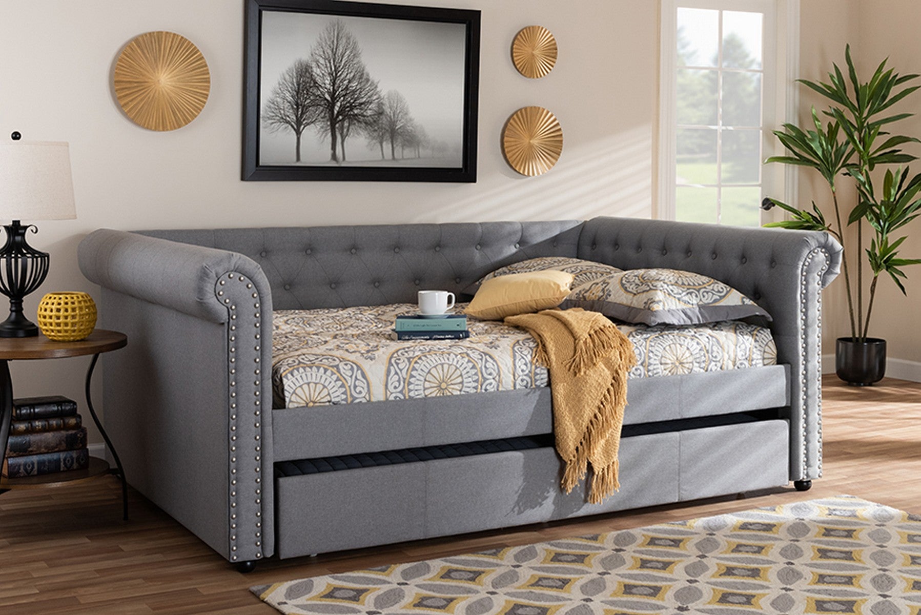 Baxton Studio Mabelle Modern and Contemporary Gray Fabric Upholstered Queen Size Daybed with Trundle