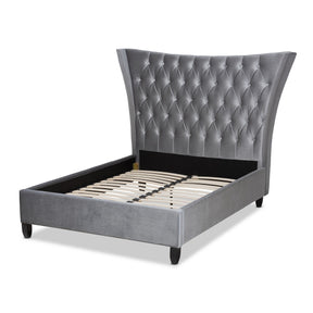 Baxton Studio Viola Glam and Luxe Grey Velvet Fabric Upholstered and Button Tufted King Size Platform Bed with Tall Wingback Headboard