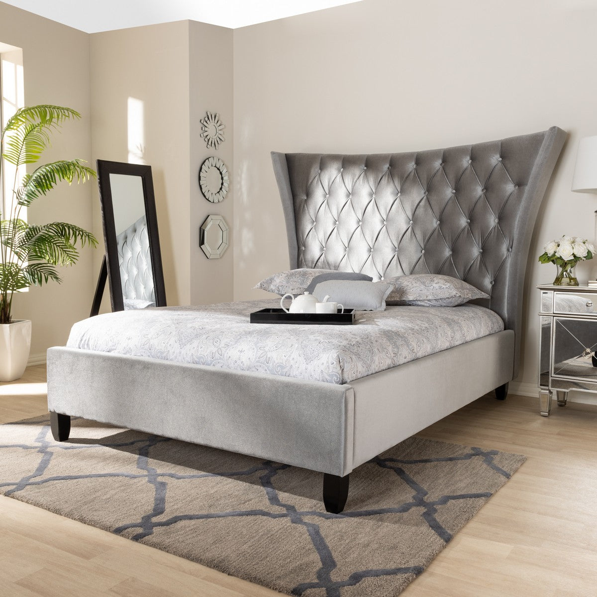 Baxton Studio Viola Glam and Luxe Grey Velvet Fabric Upholstered and Button Tufted King Size Platform Bed with Tall Wingback Headboard