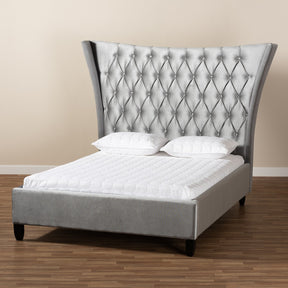 Baxton Studio Viola Glam and Luxe Grey Velvet Fabric Upholstered and Button Tufted King Size Platform Bed with Tall Wingback Headboard