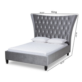 Baxton Studio Viola Glam and Luxe Grey Velvet Fabric Upholstered and Button Tufted King Size Platform Bed with Tall Wingback Headboard