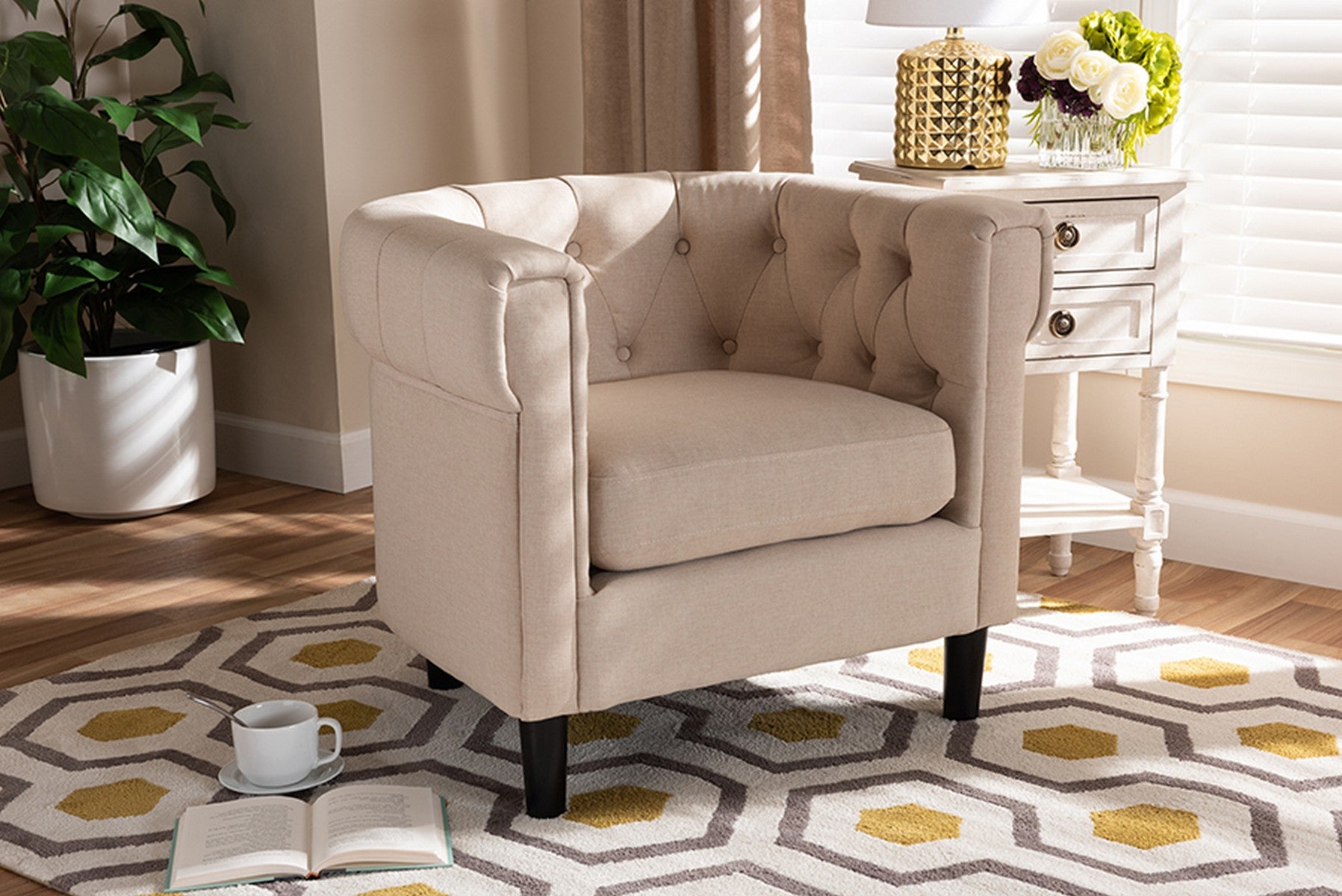 Baxton Studio Bisset Classic and Traditional Beige Fabric Upholstered Chesterfield Chair