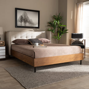 Baxton Studio Catarina Mid-Century Modern Light Beige Fabric Upholstered Walnut Finished Wood Full Size Wingback Platform Bed