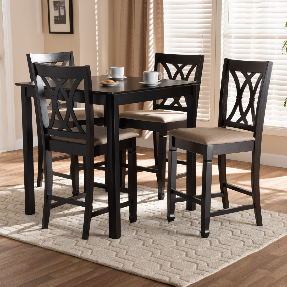 Baxton Studio Reneau Modern and Contemporary Sand Fabric Upholstered Espresso Brown Finished 5-Piece Wood Pub Set