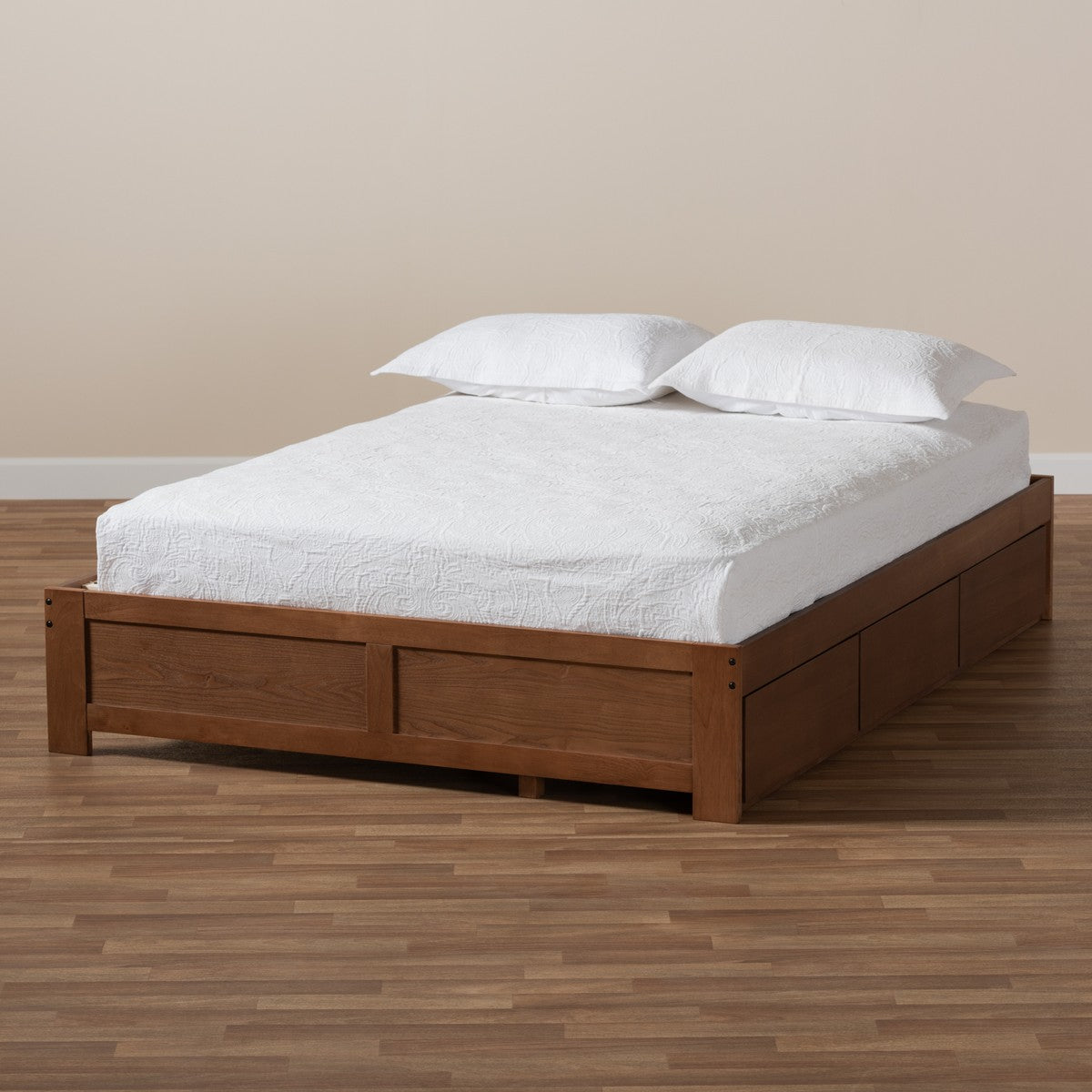 Baxton Studio Wren Modern and Contemporary Walnut Finished 3-Drawer Queen Size Platform Storage Bed Frame