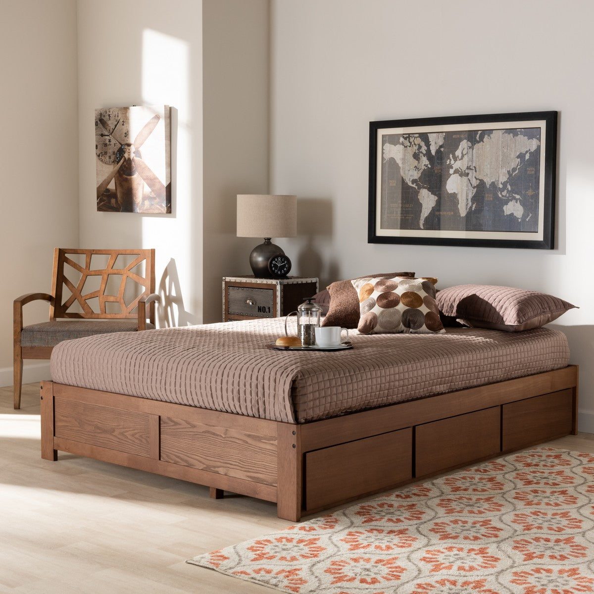 Baxton Studio Wren Modern and Contemporary Walnut Finished 3-Drawer Queen Size Platform Storage Bed Frame