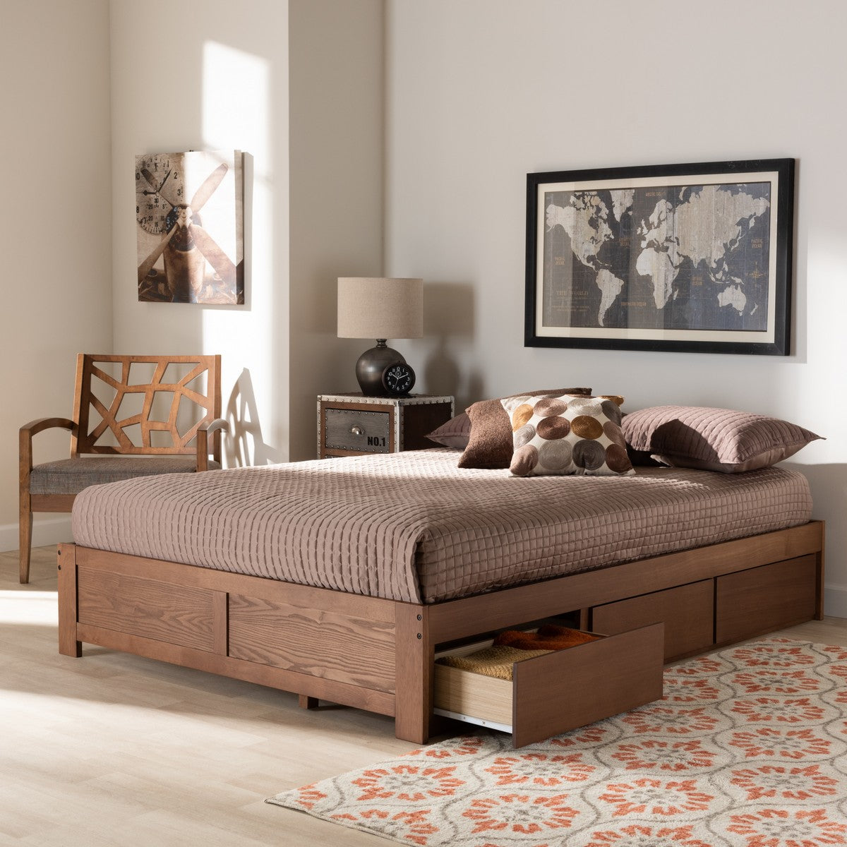 Baxton Studio Wren Modern and Contemporary Walnut Finished 3-Drawer Queen Size Platform Storage Bed Frame