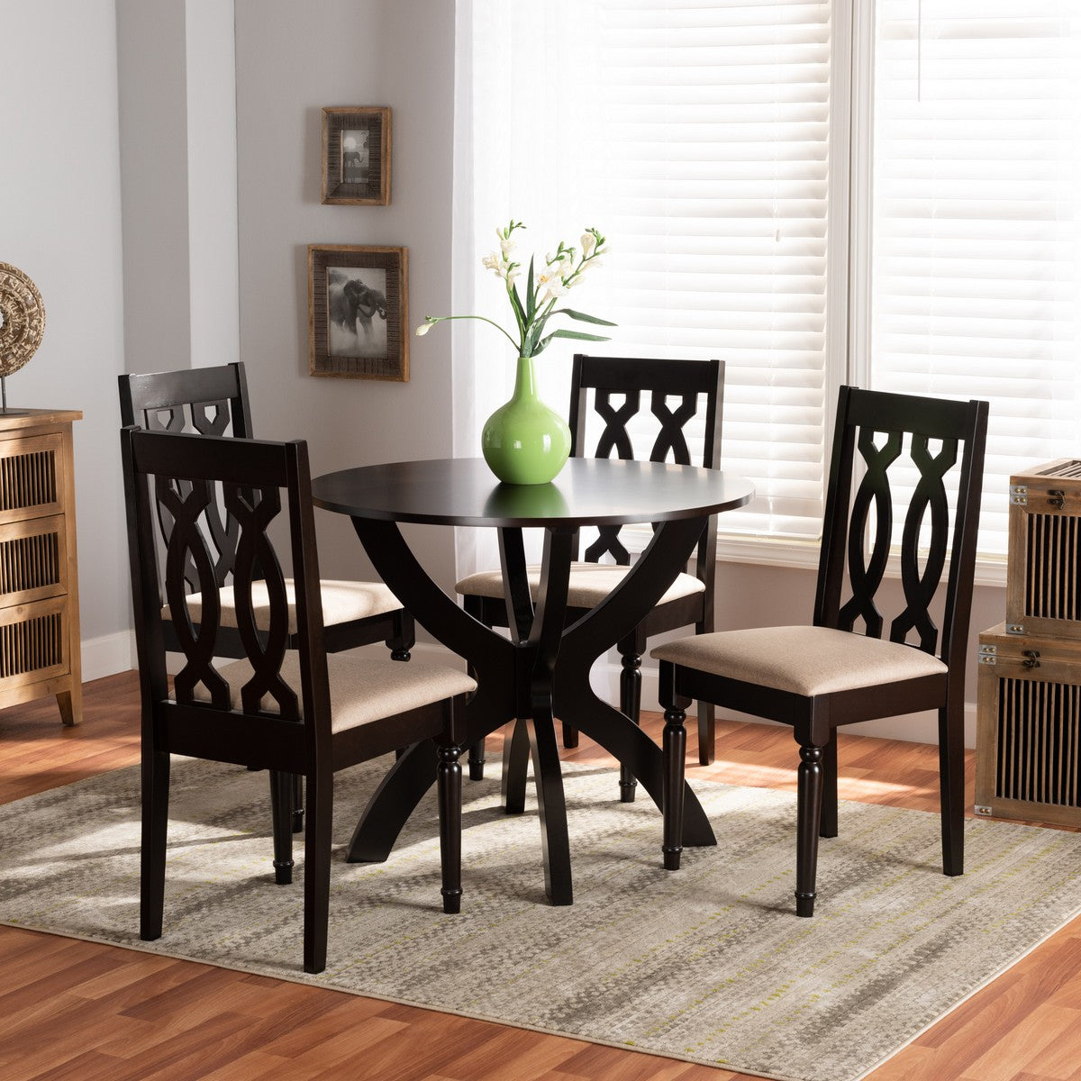 Baxton Studio Mona Modern and Contemporary Sand Fabric Upholstered and Dark Brown Finished Wood 5-Piece Dining Set