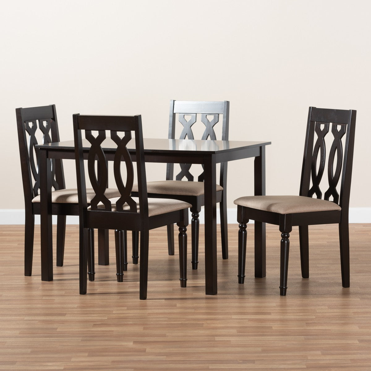 Baxton Studio Cherese Modern and Contemporary Sand Fabric Upholstered Espresso Brown Finished 5-Piece Wood Dining Set