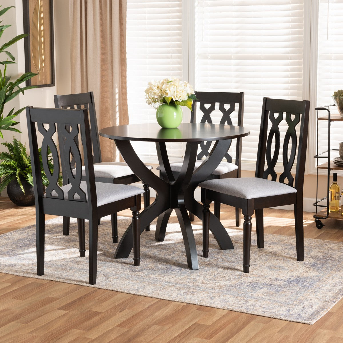 Baxton Studio Mona Modern and Contemporary Grey Fabric Upholstered and Dark Brown Finished Wood 5-Piece Dining Set