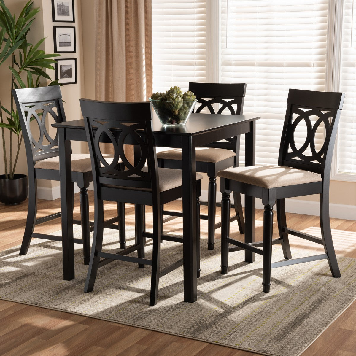 Baxton Studio Verina Modern and Contemporary Sand Fabric Upholstered Espresso Brown Finished 5-Piece Wood Pub Set