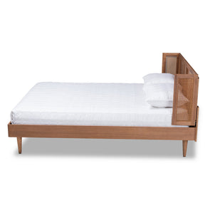 Baxton Studio Rina Mid-Century Modern Ash Wanut Finished Wood and Synthetic Rattan Queen Size Platform Bed with Wrap-Around Headboard