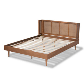 Baxton Studio Rina Mid-Century Modern Ash Wanut Finished Wood and Synthetic Rattan Queen Size Platform Bed with Wrap-Around Headboard