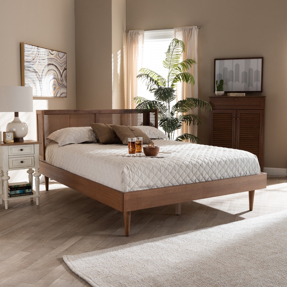 Baxton Studio Rina Mid-Century Modern Ash Wanut Finished Wood and Synthetic Rattan Queen Size Platform Bed with Wrap-Around Headboard