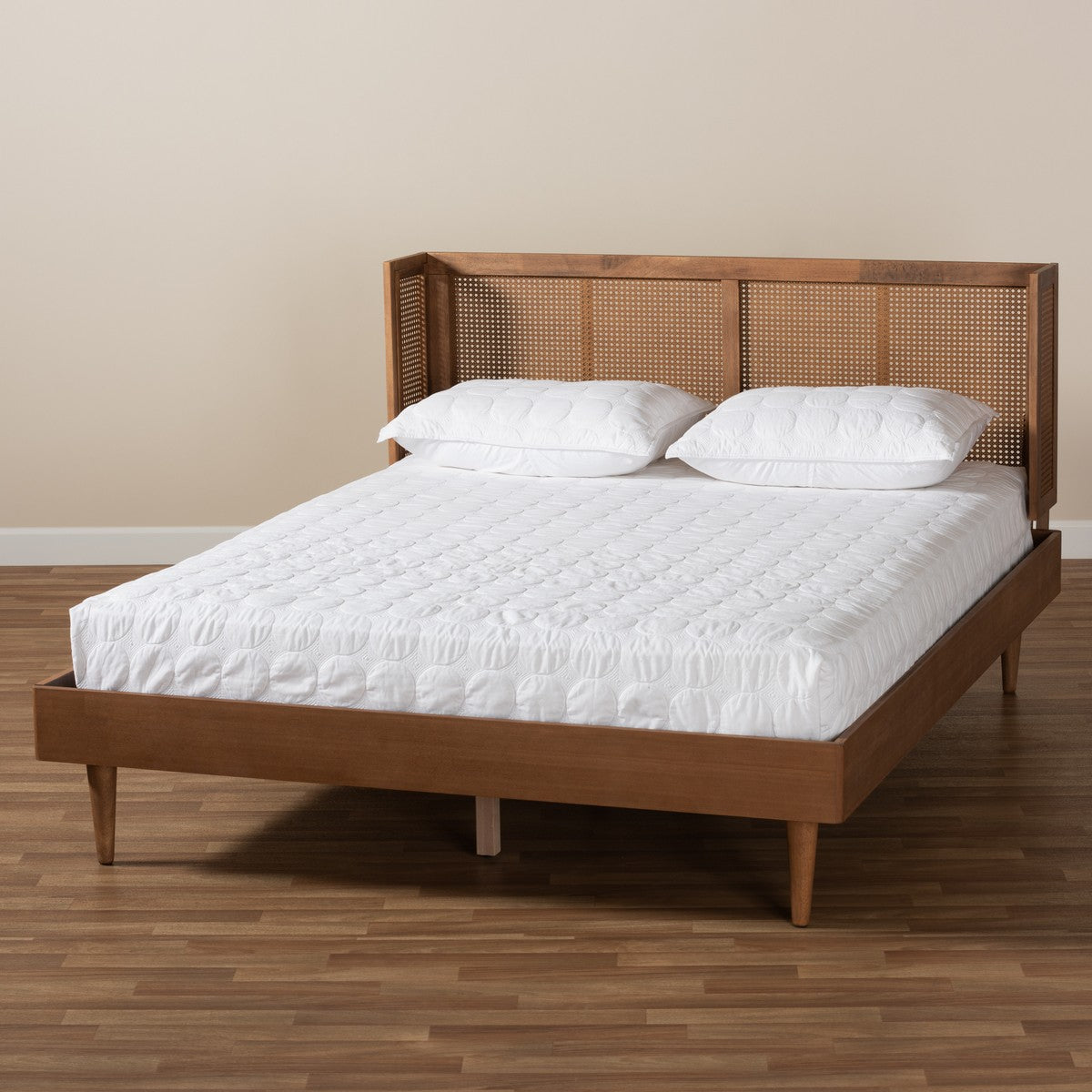 Baxton Studio Rina Mid-Century Modern Ash Wanut Finished Wood and Synthetic Rattan Queen Size Platform Bed with Wrap-Around Headboard