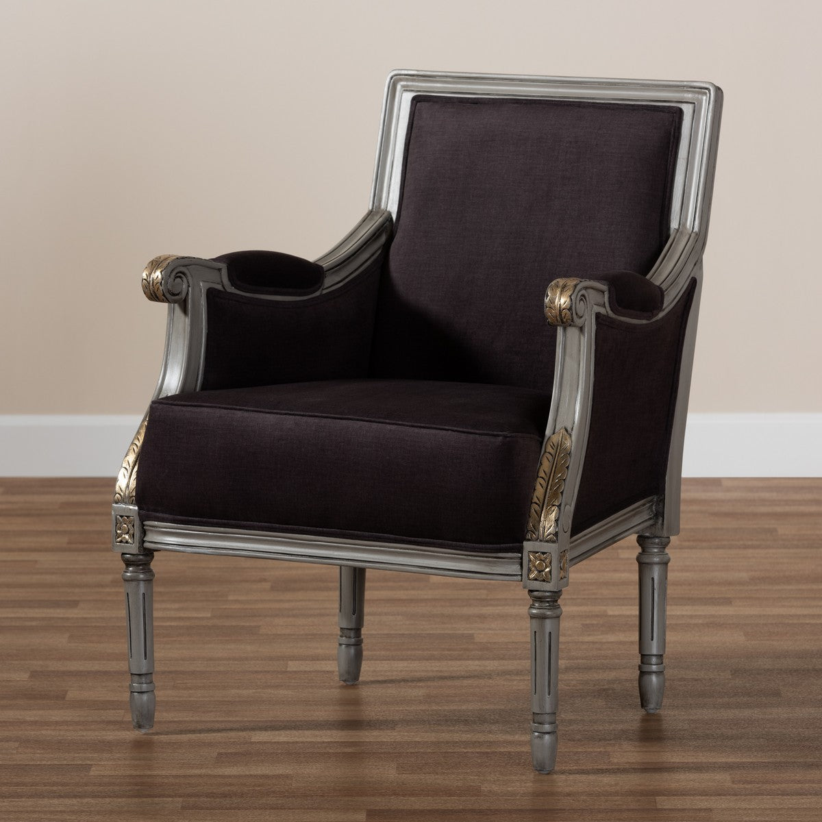 Baxton Studio Georgette Classic and Traditional French Inspired Brown Velvet Upholstered Grey Finished Armchair with Goldleaf Detailing