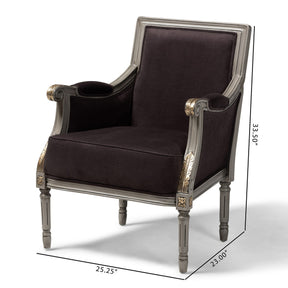 Baxton Studio Georgette Classic and Traditional French Inspired Brown Velvet Upholstered Grey Finished Armchair with Goldleaf Detailing