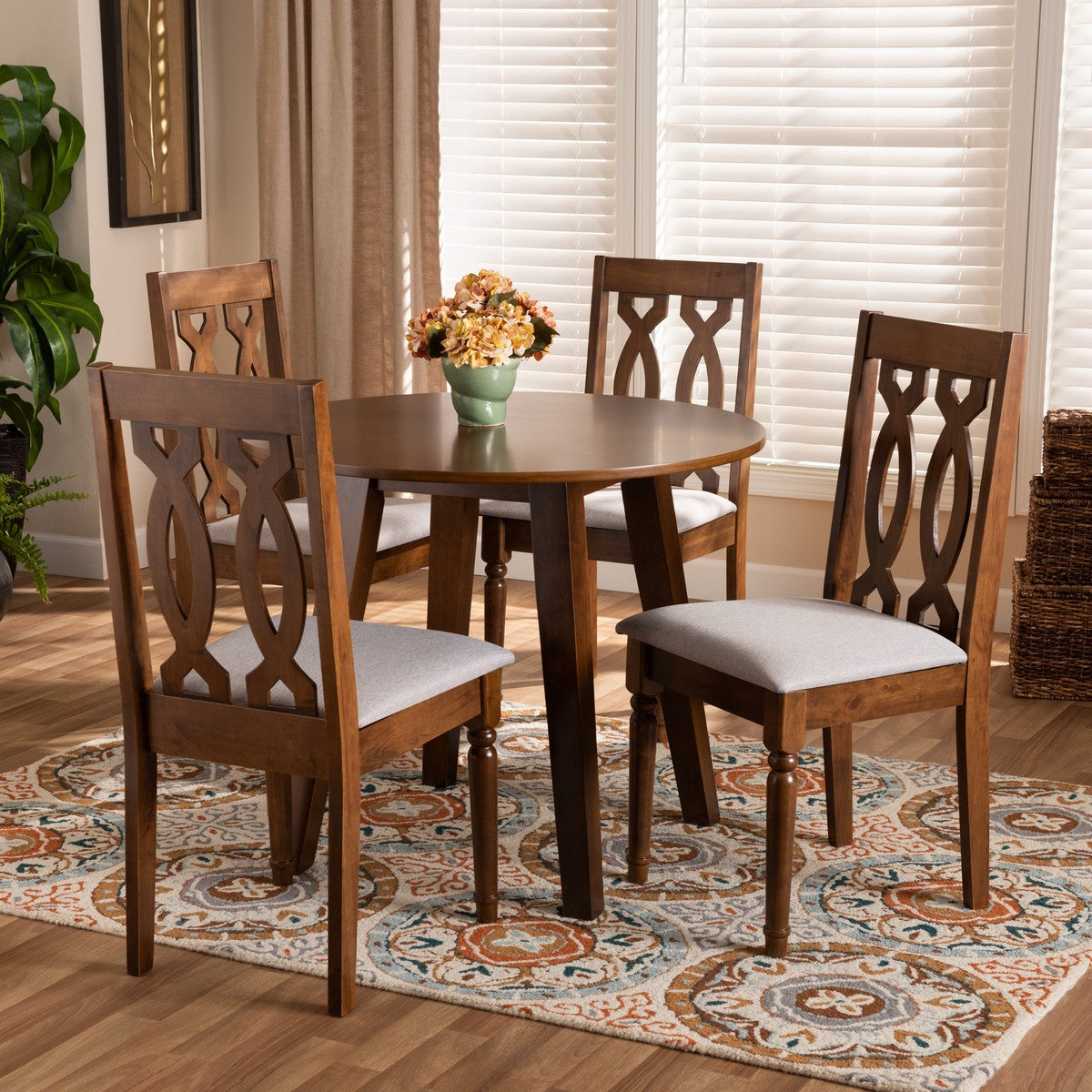 Baxton Studio Pia Modern and Contemporary Grey Fabric Upholstered and Walnut Brown Finished Wood 5-Piece Dining Set