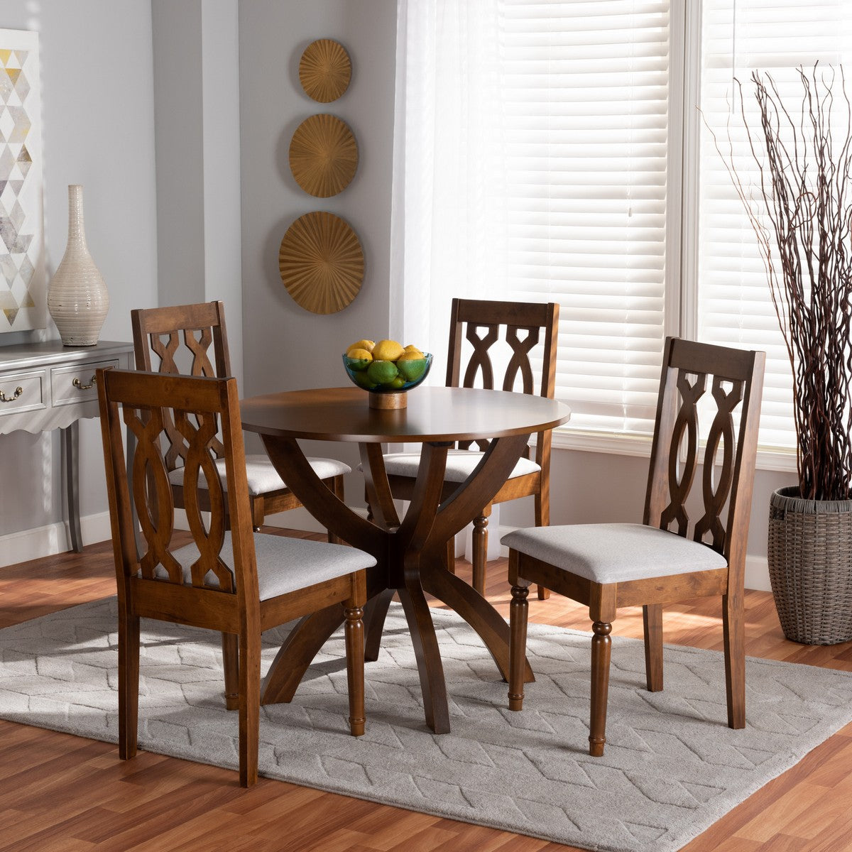 Baxton Studio Mona Modern and Contemporary Grey Fabric Upholstered and Walnut Brown Finished Wood 5-Piece Dining Set