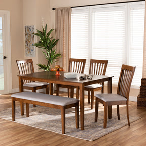 Baxton Studio Minette Modern and Contemporary Grey Fabric Upholstered and Walnut Brown Finished Wood 6-Piece Dining Set