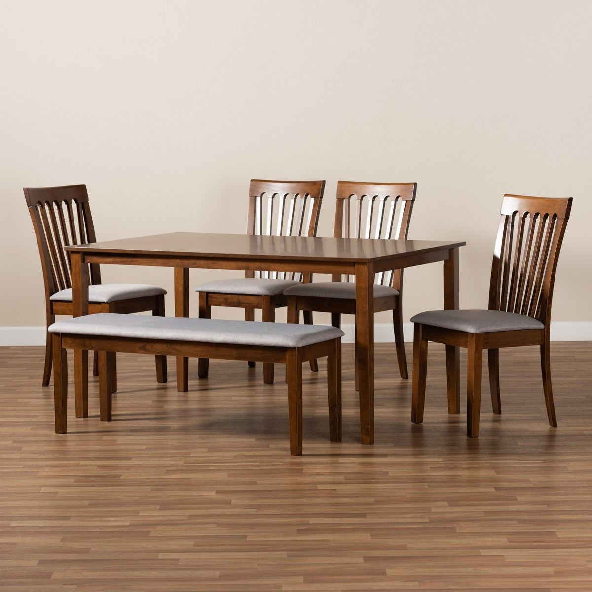 Baxton Studio Minette Modern and Contemporary Grey Fabric Upholstered and Walnut Brown Finished Wood 6-Piece Dining Set