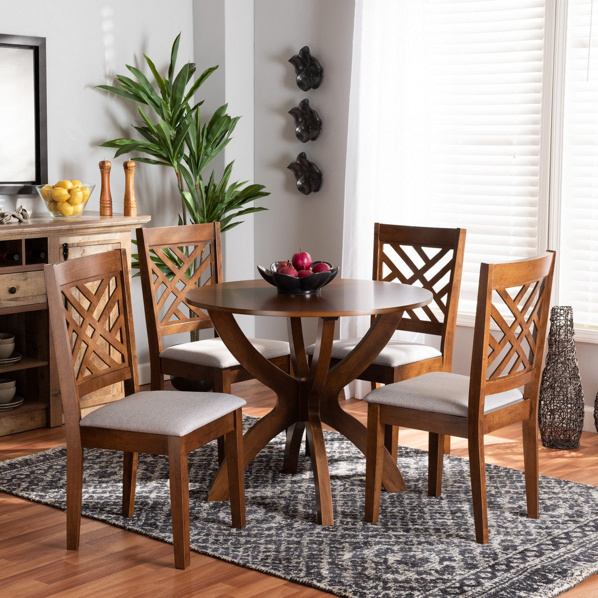 Baxton Studio Edona Modern and Contemporary Grey Fabric Upholstered and Walnut Brown Finished Wood 5-Piece Dining Set