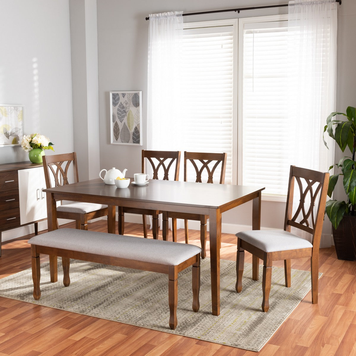 Baxton Studio Reneau Modern and Contemporary Grey Fabric Upholstered and Walnut Brown Finished Wood 6-Piece Dining Set