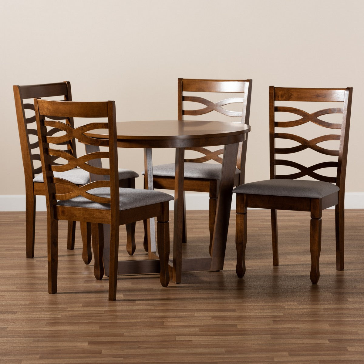 Baxton Studio Alicia Modern and Contemporary Grey Fabric Upholstered and Walnut Brown Finished Wood 5-Piece Dining Set