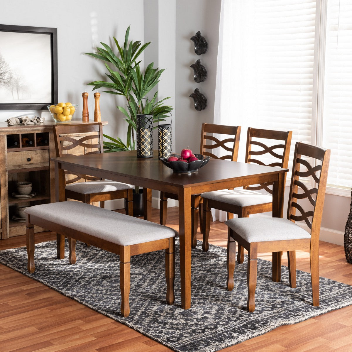 Baxton Studio Lanier Modern and Contemporary Grey Fabric Upholstered and Walnut Brown Finished Wood 6-Piece Dining Set