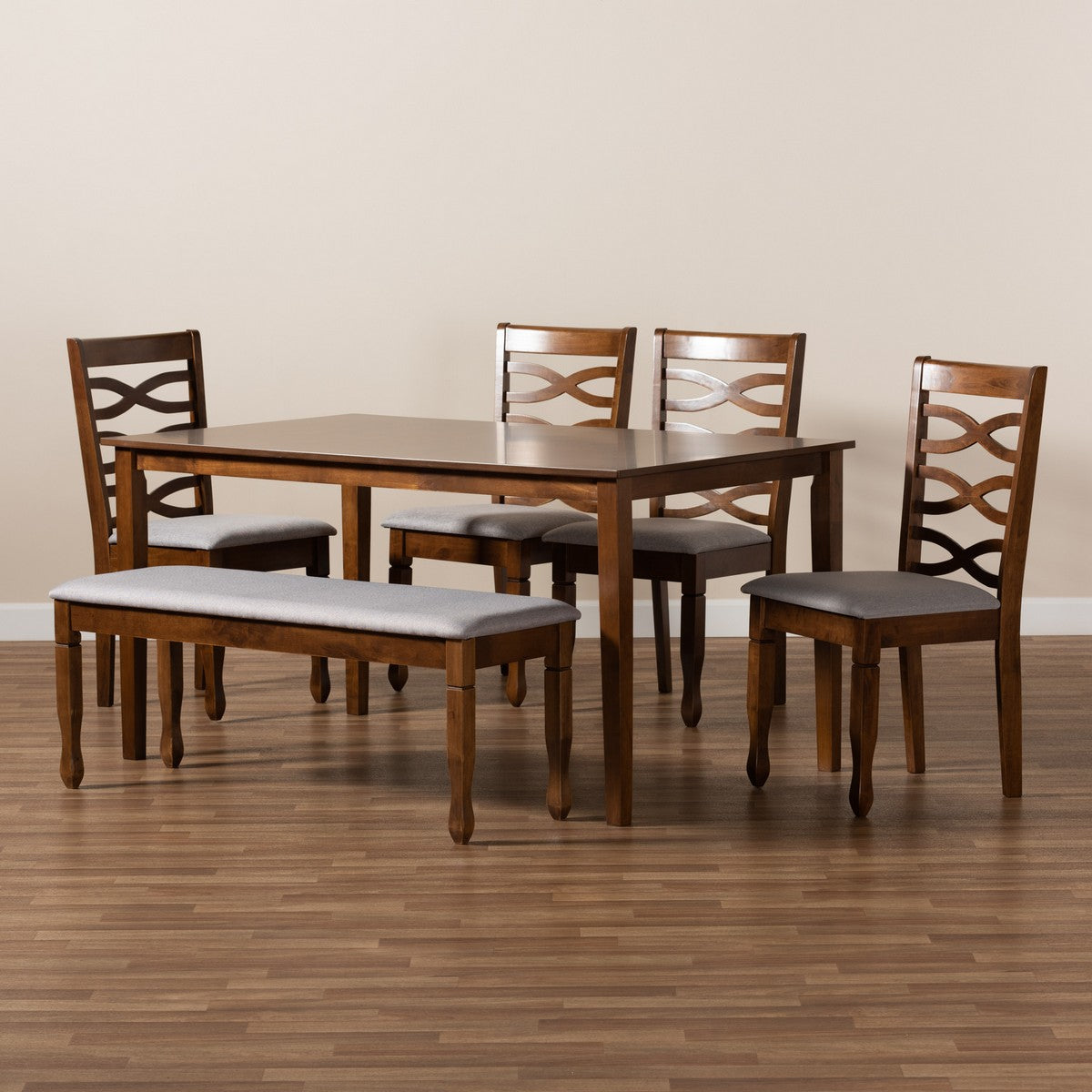 Baxton Studio Lanier Modern and Contemporary Grey Fabric Upholstered and Walnut Brown Finished Wood 6-Piece Dining Set