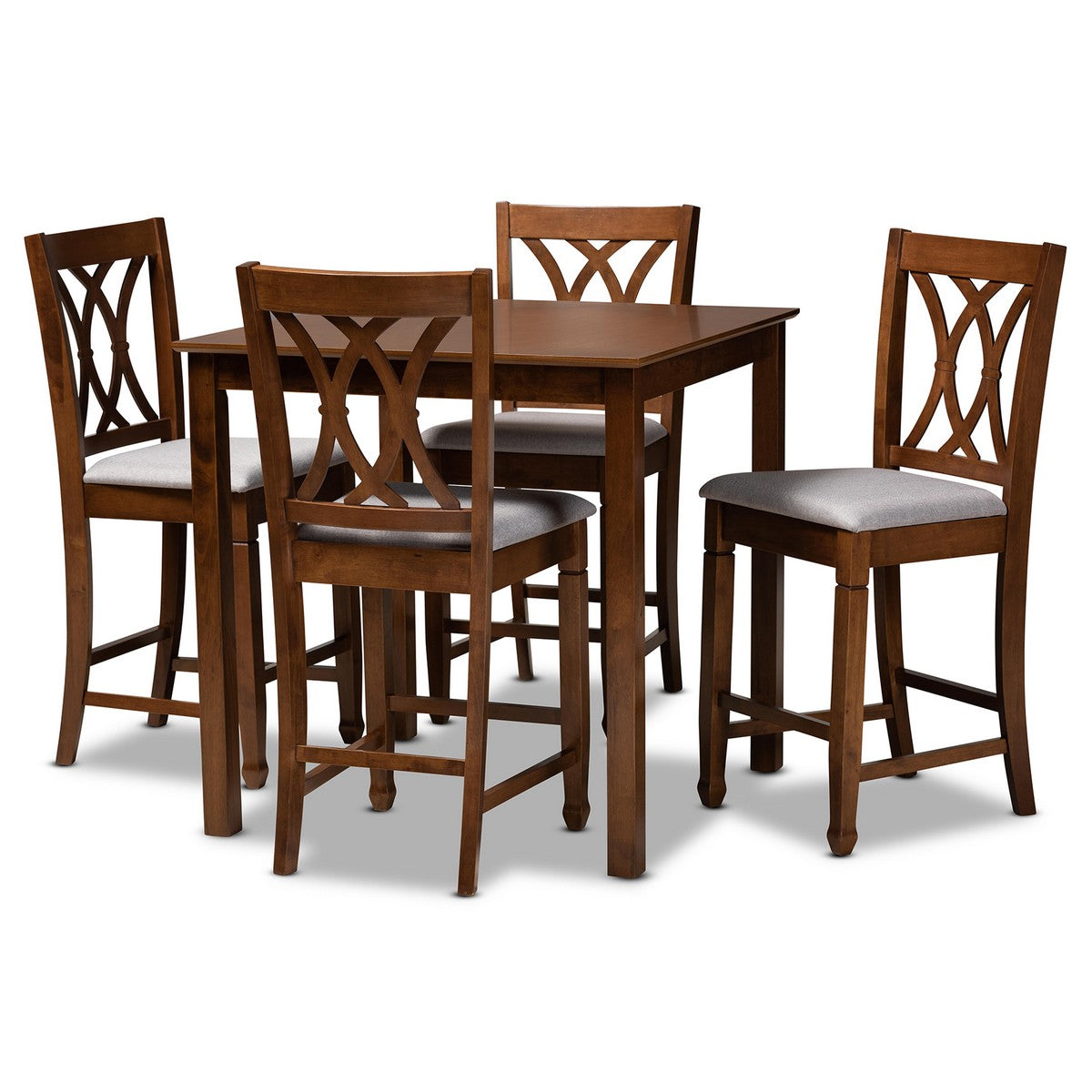 Baxton Studio Reneau Modern and Contemporary Grey Fabric Upholstered Walnut Brown Finished 5-Piece Wood Pub Set Baxton Studio-Pub Sets-Minimal And Modern - 1