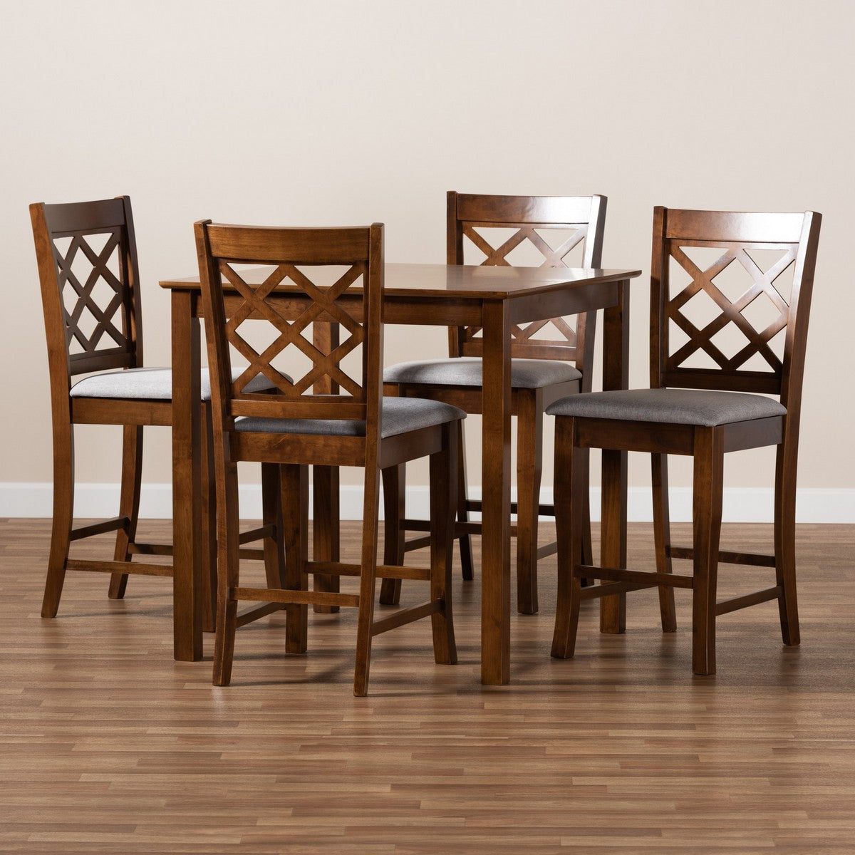 Baxton Studio Alora Modern and Contemporary Grey Fabric Upholstered Walnut Brown Finished 5-Piece Wood Pub Set