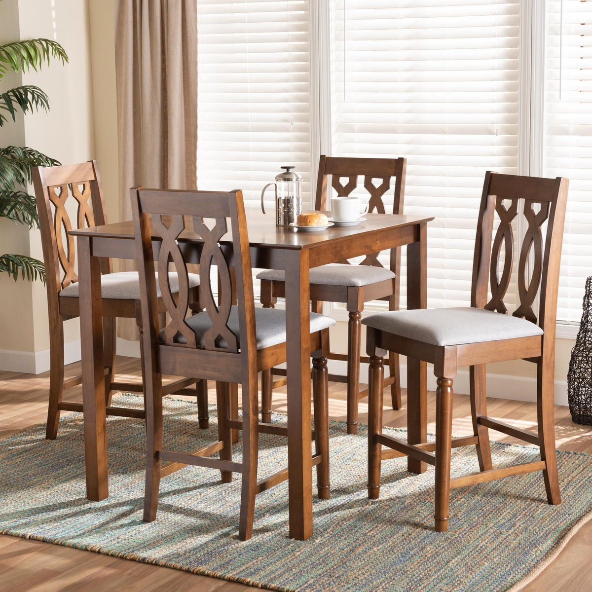 Baxton Studio Darcie Modern And Contemporary Grey Fabric Upholstered And Walnut Brown Finished Wood 5-Piece Pub Set - RH324P-Grey/Walnut-5PC Pub Set