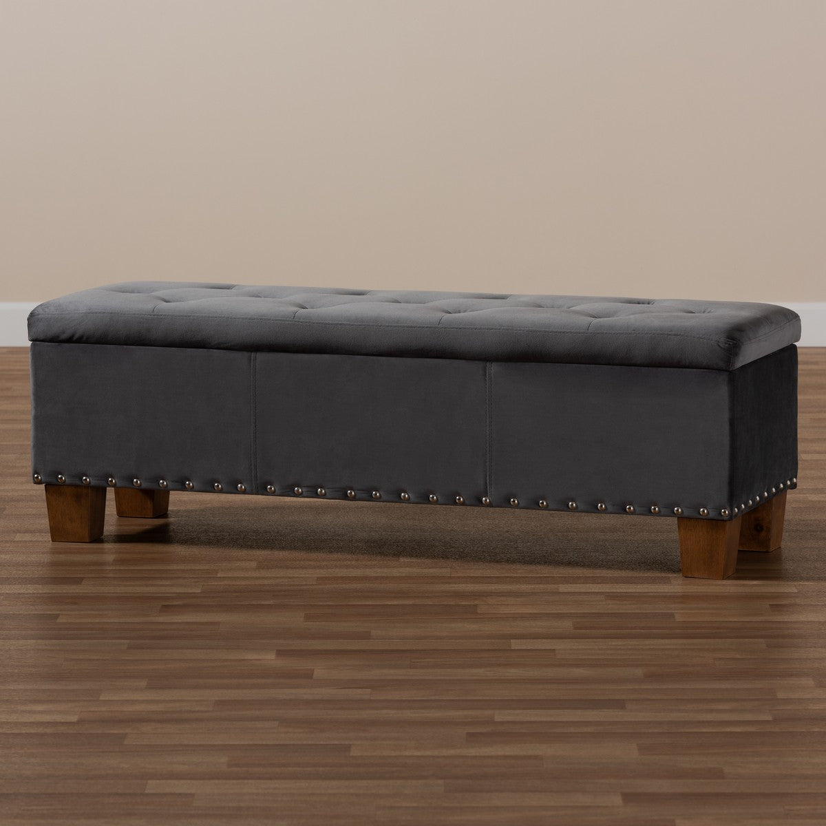 Baxton Studio Hannah Modern and Contemporary Grey Velvet Fabric Upholstered Button-Tufted Storage Ottoman Bench