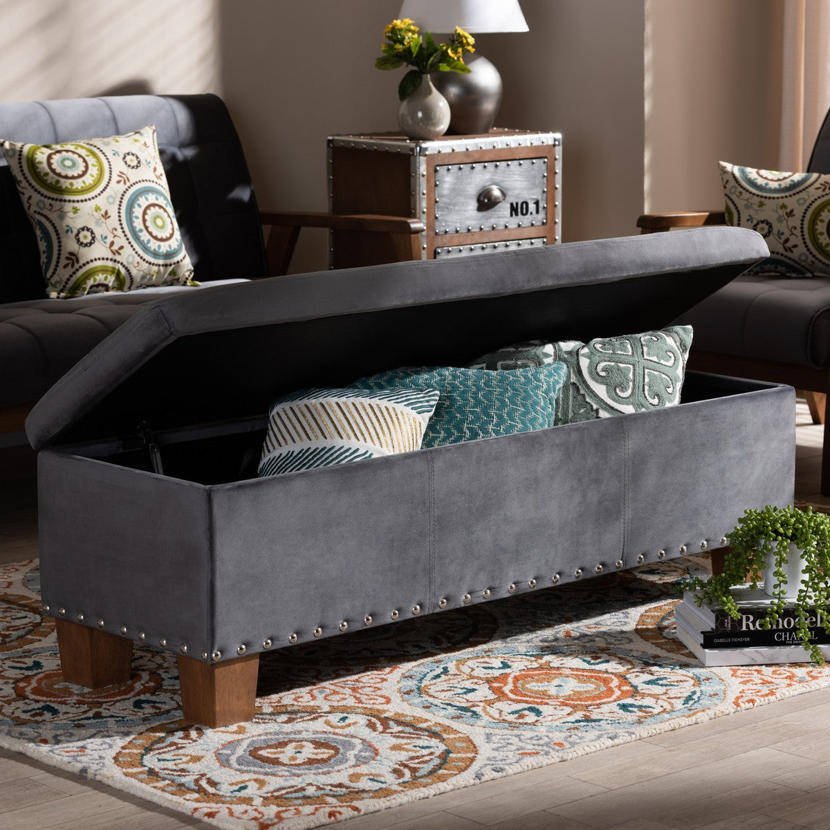 Baxton Studio Hannah Modern and Contemporary Grey Velvet Fabric Upholstered Button-Tufted Storage Ottoman Bench