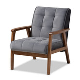 Baxton Studio Asta Mid-Century Modern Grey Velvet Fabric Upholstered Walnut Finished Wood Armchair Baxton Studio- Chairs-Minimal And Modern - 1