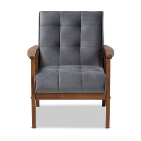 Baxton Studio Asta Mid-Century Modern Grey Velvet Fabric Upholstered Walnut Finished Wood Armchair