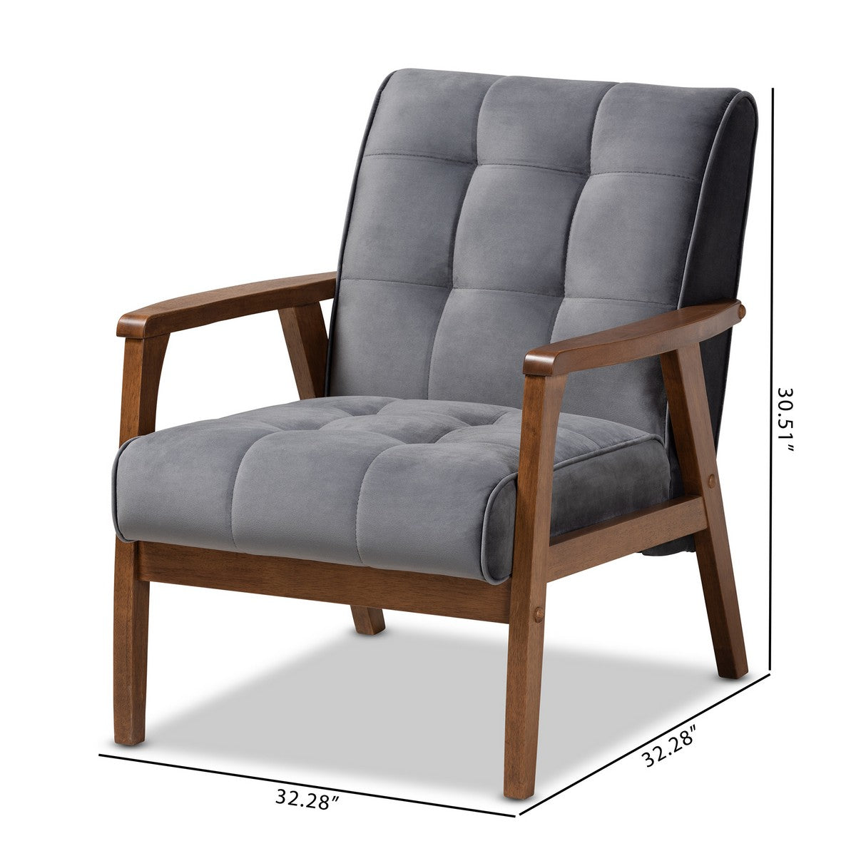 Baxton Studio Asta Mid-Century Modern Grey Velvet Fabric Upholstered Walnut Finished Wood Armchair