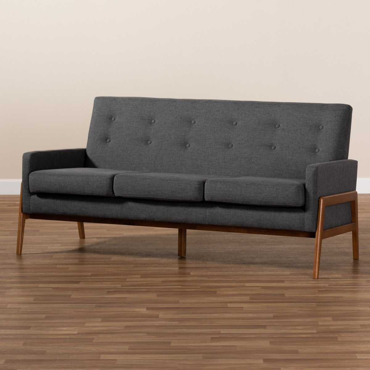 Baxton Studio Perris Mid-Century Modern Dark Grey Fabric Upholstered Walnut Finished Wood Sofa