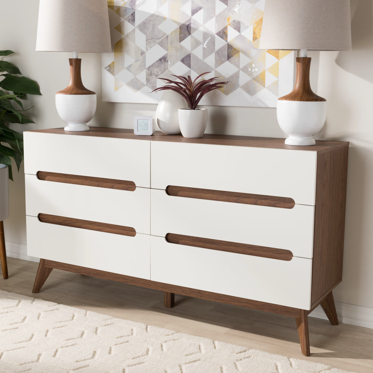 Baxton Studio Calypso Mid-Century Modern White and Walnut Wood 6-Drawe