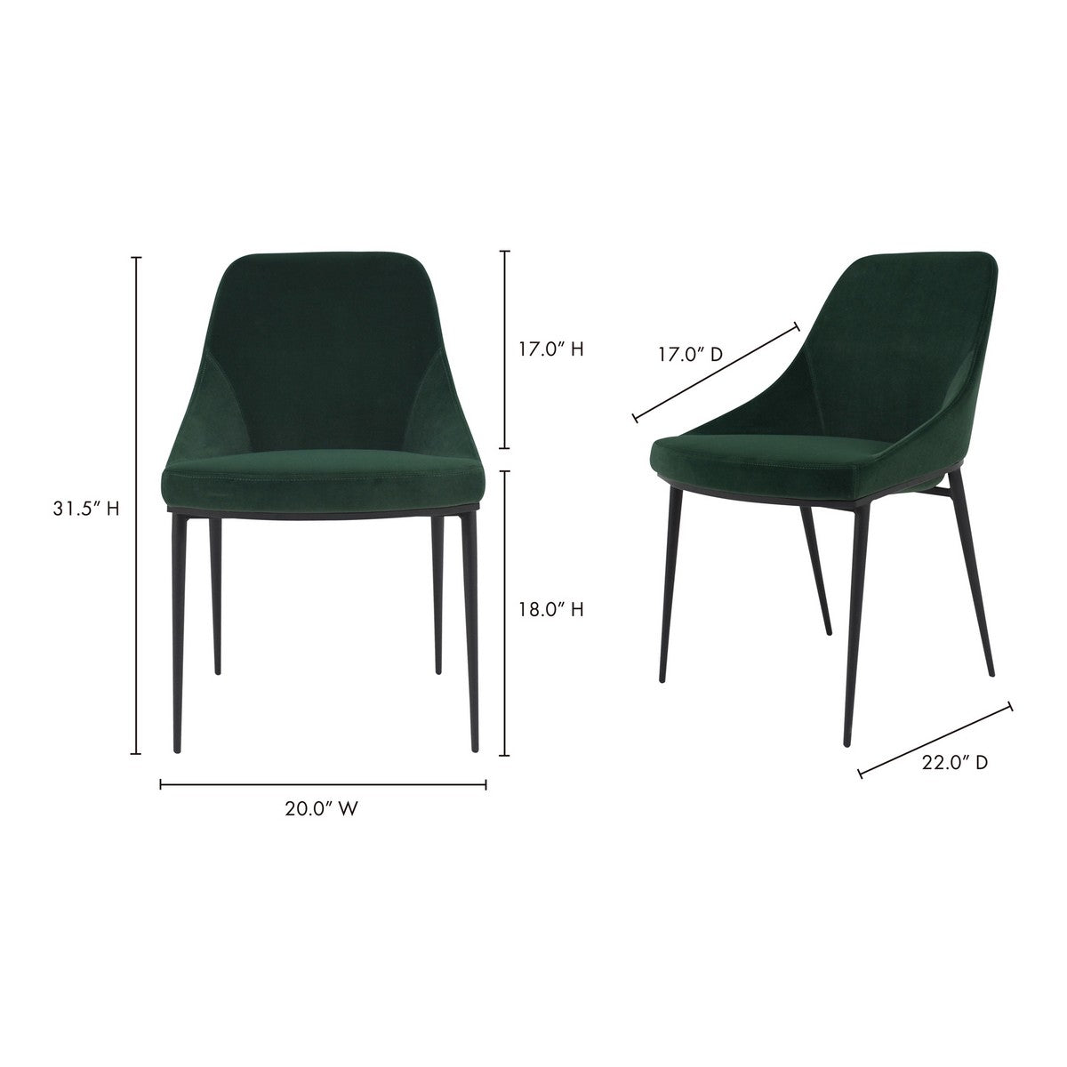 Moe's Home Collection Sedona Dining Chair Green Velvet-Set of Two - EJ-1034-16