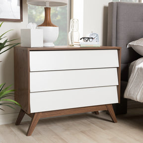 Baxton Studio Hildon Mid-Century Modern White and Walnut Wood 3-Drawer Storage Chest Baxton Studio-Dresser-Minimal And Modern - 1