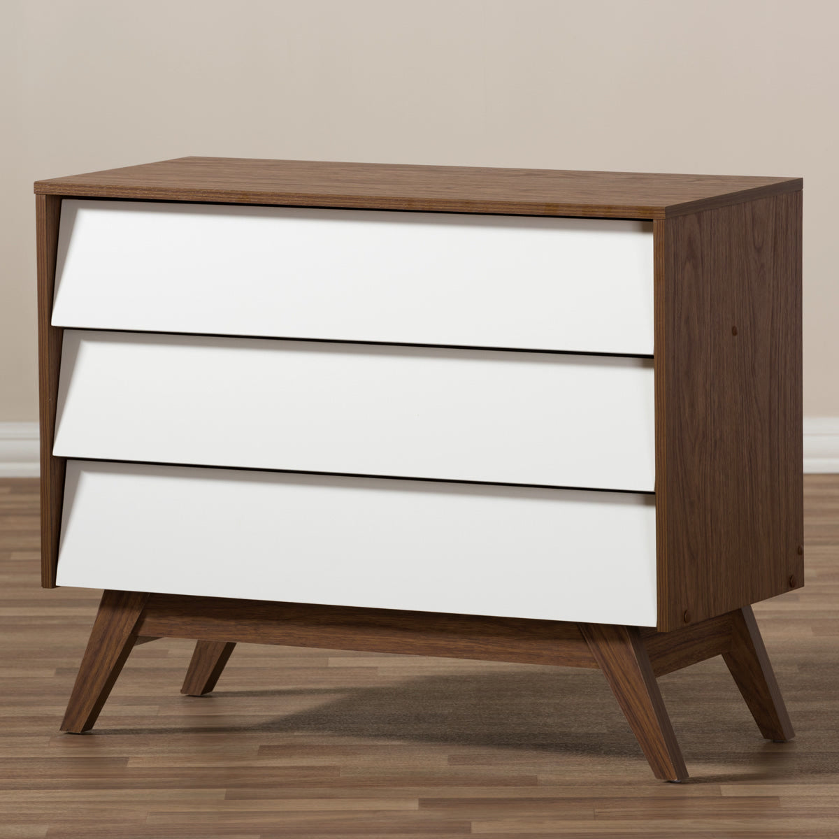 Baxton Studio Hildon Mid-Century Modern White and Walnut Wood 3-Drawer Storage Chest Baxton Studio-Dresser-Minimal And Modern - 6