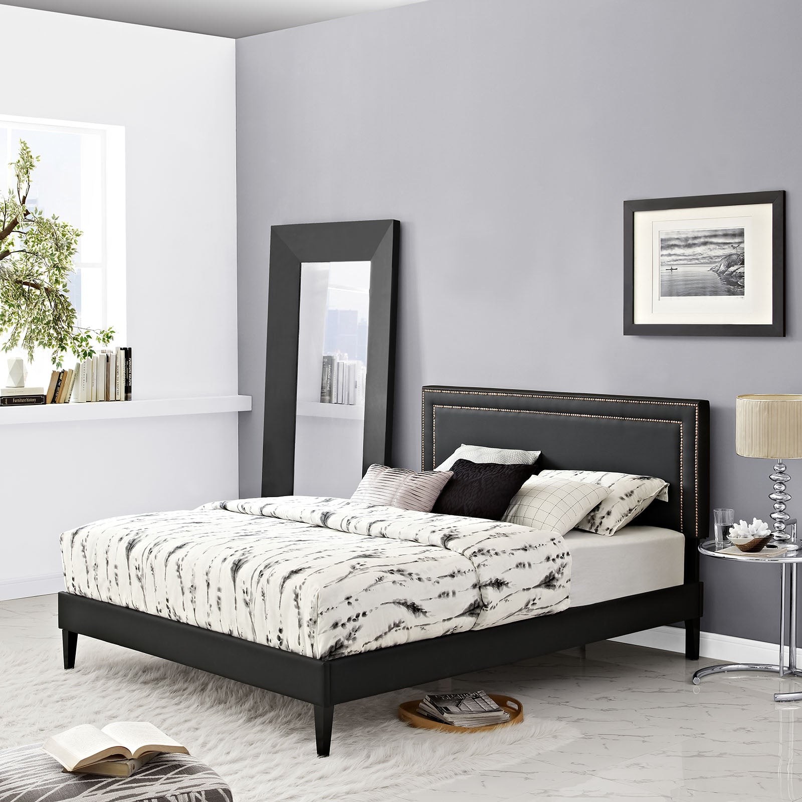 Modway Furniture Modern Jessamine Queen Vinyl Platform Bed with Squared Tapered Legs - MOD-5619-Minimal & Modern