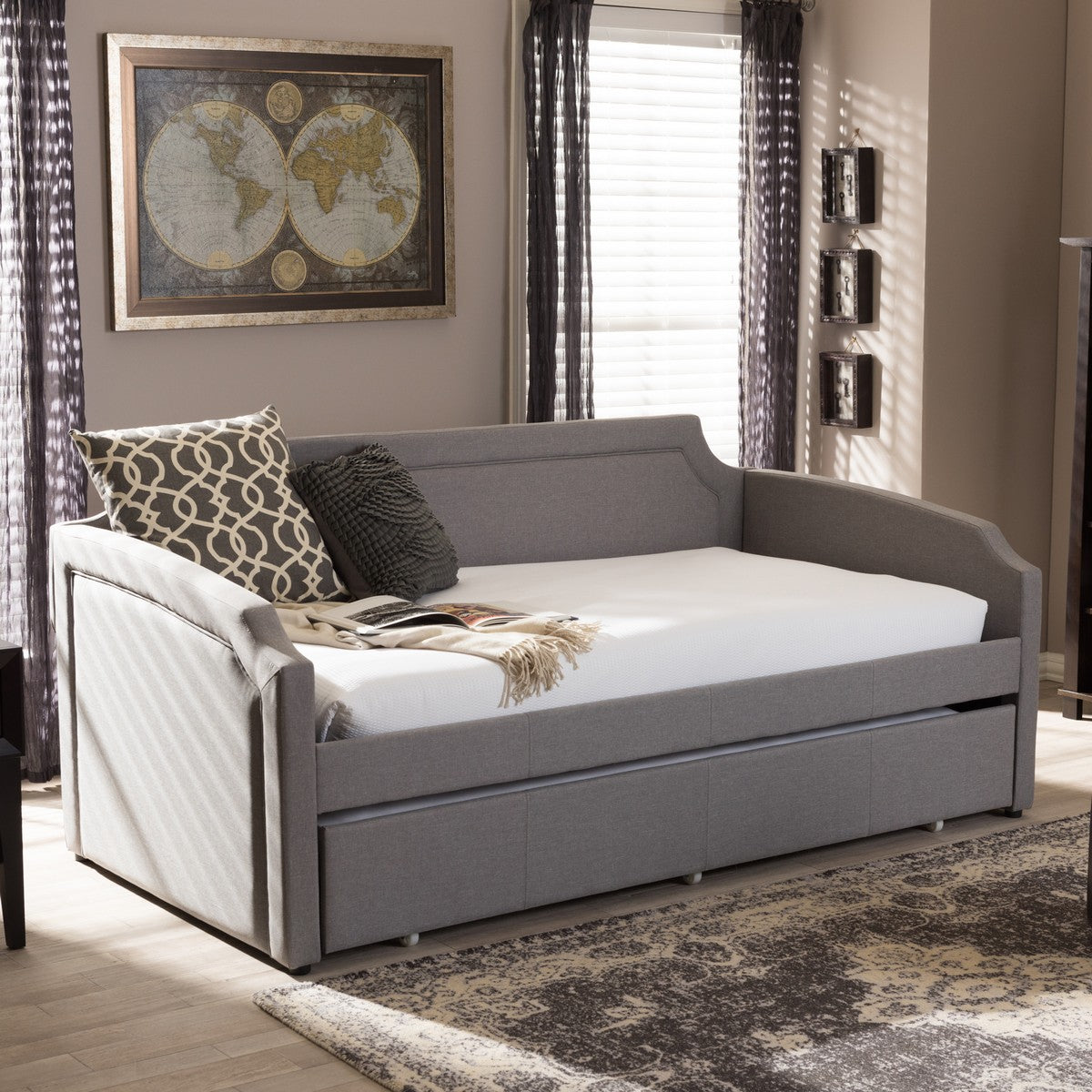 Baxton Studio Parkson Modern and Contemporary Grey Fabric Curved Notched Corners Sofa Twin Daybed with Roll-Out Trundle Guest Bed