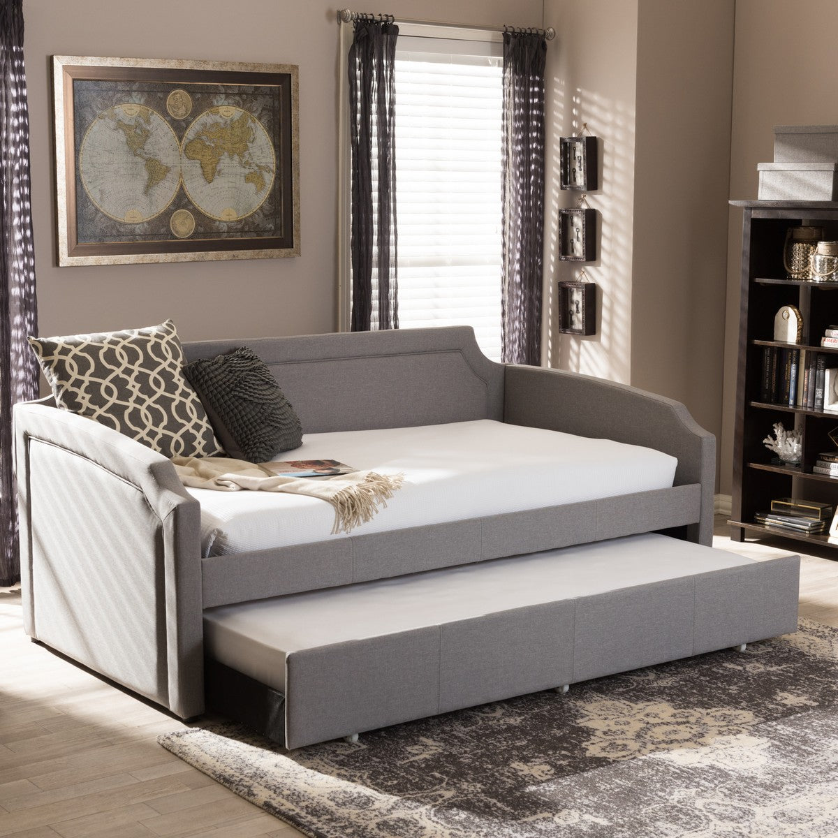 Baxton Studio Parkson Modern and Contemporary Grey Fabric Curved Notched Corners Sofa Twin Daybed with Roll-Out Trundle Guest Bed