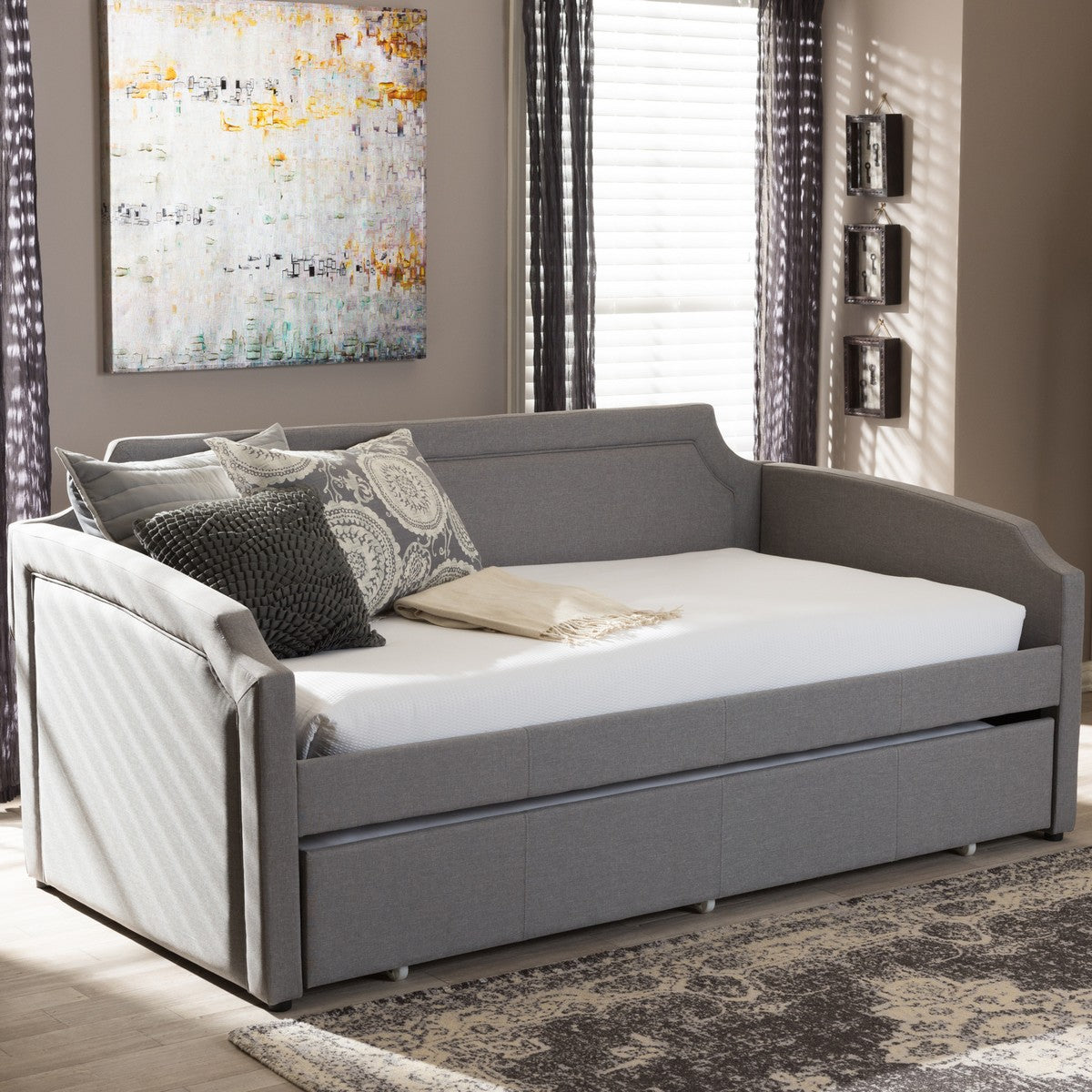 Baxton Studio Parkson Modern and Contemporary Grey Fabric Curved Notched Corners Sofa Twin Daybed with Roll-Out Trundle Guest Bed